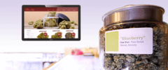 <p>A glass jar filled with cannabis. In the background, digital signage is delivering information to individuals inside of the dispensary</p>
