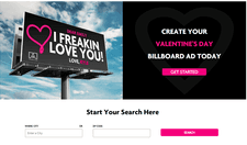 A screenshot of Adomni's website. It shows an example of a billboard message purchased through their Valentine's Day campaign, with the message "Dear Emily, I freakin love you! Love, Kyle" on it. Beneath, you can see a couple of basic options the company gives for people trying to book their own billboard slot.
